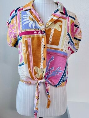 C&C California Linen Blend Tropical Beach Crop Tie Front Top Shirt S Multicolor